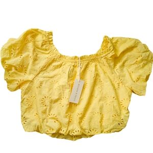 NWT Butter Yellow Bohemian EYELET Puff Sleeve Crop Blouse